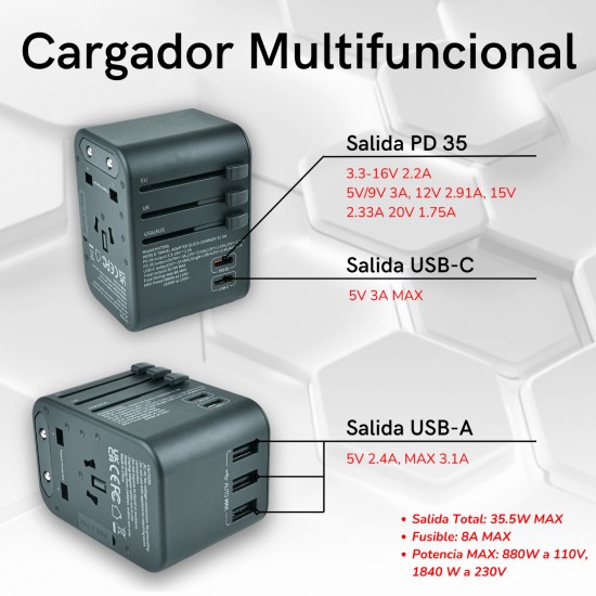 ADAPTADOR ENCHUFE UNIVERSAL 35.5W PD CARGA RÁPIDA. DE VIAJE 3 USB + 2 USB-C