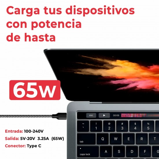 CARGADOR MULTIVOLTAJE USB-C PARA PORTÁTIL 5V-20V 3.25A 65W NEGRO CABLE TRENZADO
