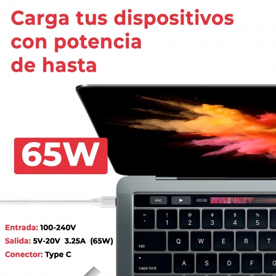 CARGADOR MULTIVOLTAJE USB-C PARA PORTÁTIL 5V-20V 3.25A 65W BLANCO