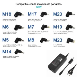 CARGADOR UNIVERSAL PARA PORTÁTILES 15-20V 65W 10 TIPS