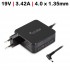 CARGADOR PARA PORTÁTIL AD887020, AD883020, ADP-65DW C Z, ADP-65GD B D, W15-065N1B, PA-1650-63 78 93 3.42A 19V 65W 4.0MM X1.35MM