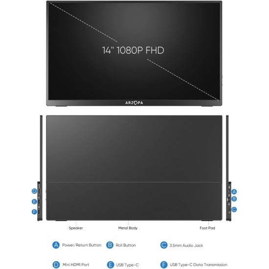MONITOR PORTÁTIL ARZOPA A1 GAMUT SLIM DE 14" FHD IPS CON HDMI USB-C PARA PC MAC XBOX PS4 PS5