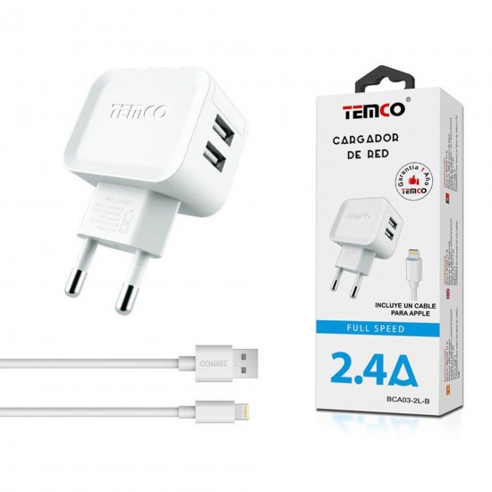PACK CARGADOR DUAL USB 2.4A + CABLE LIGHTNING 2A 1M BLANCO PACK CARGADOR DUAL USB 2.4A + CABLE LIGHTNING 2A 1M BLANCO