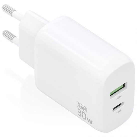 Cargador de pared gan aisens a110-0923/ 1xusb tipo-c/ 1xusb/ 30w/ blanco