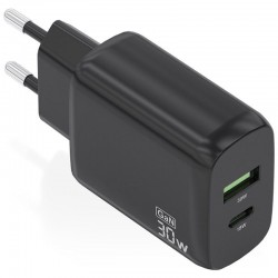 Cargador de Pared GaN Aisens A110-0924/ 1xUSB Tipo-C/ 1xUSB/ 30W/ Negro