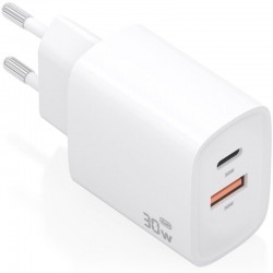 Cargador de Pared GaN Aisens A110-0952/ 1xUSB Tipo-C/ 1xUSB/ 30W/ Blanco