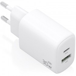 Cargador de Pared GaN Aisens A110-0977/ 1xUSB Tipo-C/ 1xUSB/ 30W/ Blanco
