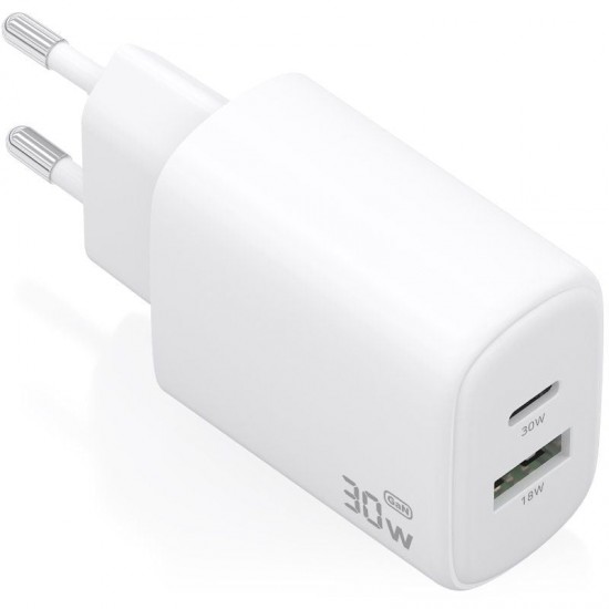 Cargador de pared gan aisens a110-0977/ 1xusb tipo-c/ 1xusb/ 30w/ blanco