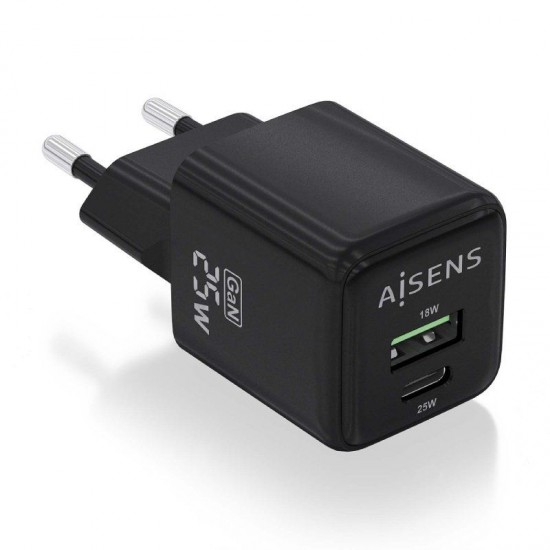 Cargador de pared gan aisens asch-25w2p015-bk/ 1xusb tipo-c/ 1xusb/ 25w