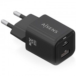 Cargador de Pared GaN Aisens ASCH-30W2P021-BK/ 1xUSB Tipo-C/ 1xUSB/ 30W