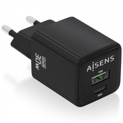 Cargador de Pared GaN Aisens ASCH-30W2P038-BK/ 1xUSB Tipo-C/ 1xUSB/ 30W
