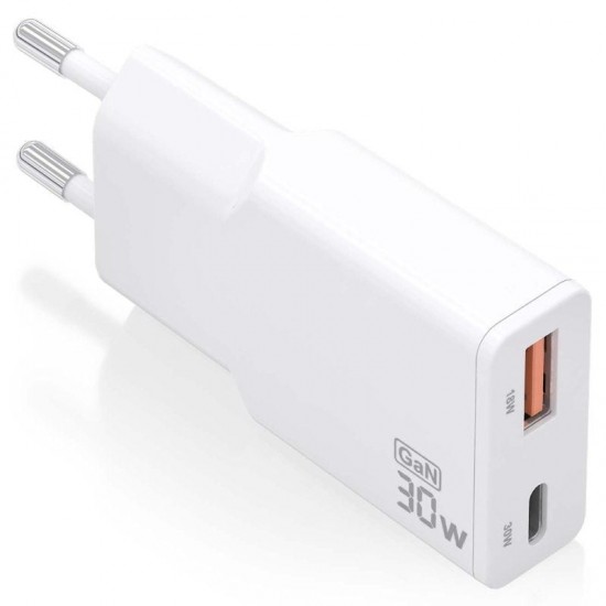 Cargador de pared gan aisens asch-30w2p046-w/ 1xusb tipo-c/ 1xusb/ 30w/ blanco