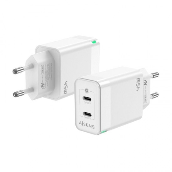 Cargador de pared gan aisens asch-45w2p005-w/ 2xusb tipo-c/ 45w