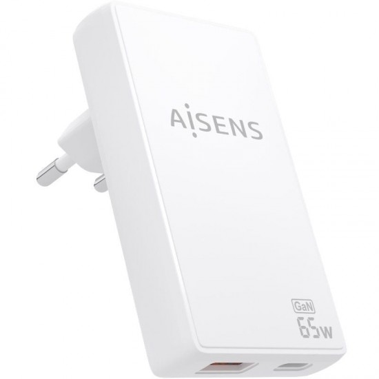 Cargador de pared gan aisens asch-65w2p076-w/ 1xusb tipo-c/ 1xusb/ 65w/ blanco