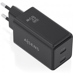 Cargador de Pared GaN Aisens ASCH-65W2P079-BK/ 2xUSB Tipo-C/ 65W/ Negro