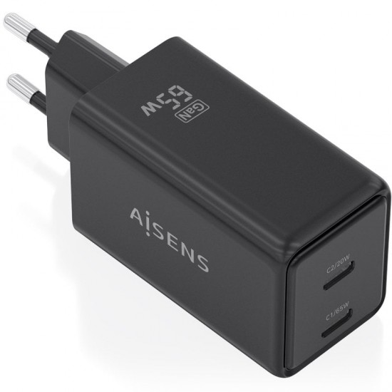 Cargador de pared gan aisens asch-65w2p079-bk/ 2xusb tipo-c/ 65w/ negro