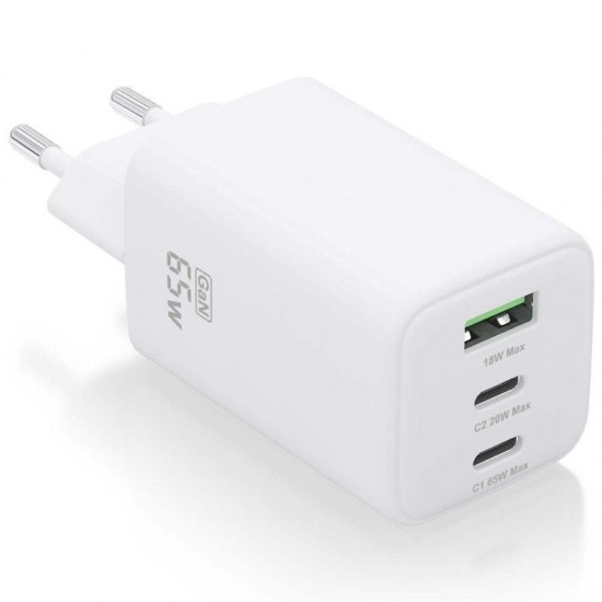 Cargador de pared gan aisens asch-65w3p041-w/ 2xusb tipo-c/ 1xusb/ 65w