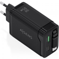 Cargador de Pared GaN Aisens ASCH-65W3P071-BK/ 1xUSB Tipo-C/ 1xUSB/ 65W/ Negro