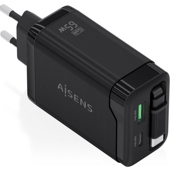Cargador de pared gan aisens asch-65w3p071-bk/ 1xusb tipo-c/ 1xusb/ 65w/ negro Cargador de pared gan aisens asch-65w3p071-bk/ 1xusb tipo-c/ 1xusb/ 65w/ negro