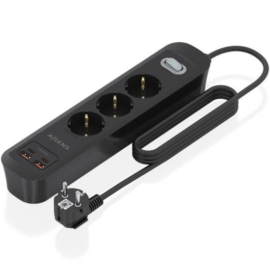 Regleta con interruptor aisens asps-2a2c11-bk/ 3 tomas de corriente/ 2 usb - 2 usb tipo-c/ cable 1.4m/ negro