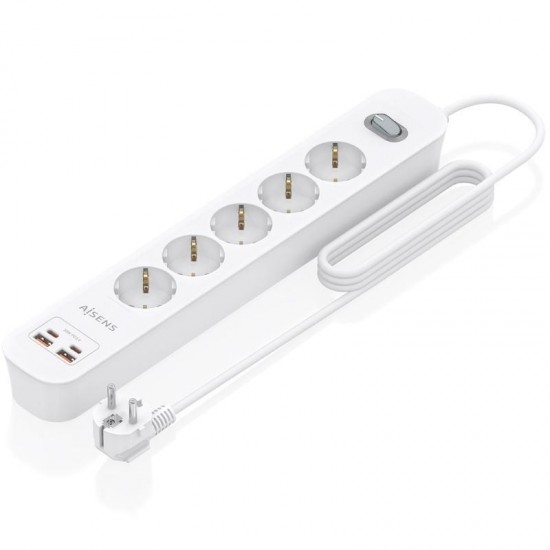 Regleta con interruptor aisens asps-2a2c14-w/ 5 tomas de corriente/ 2 usb - 2 usb tipo-c/ cable 1.4m/ blanco