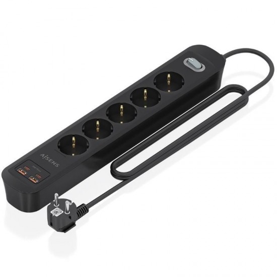 Regleta con interruptor aisens asps-2a2c15-bk/ 5 tomas de corriente/ 2 usb - 2 usb tipo-c/ cable 1.4m/ negro
