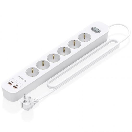 Regleta con interruptor aisens asps-2a2c16-w/ 6 tomas de corriente/ 2 usb - 2 usb tipo-c/ cable 1.4m/ blanco