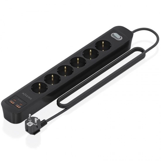 Regleta con interruptor aisens asps-2a2c17-bk/ 6 tomas de corriente/ 2 usb - 2 usb tipo-c/ cable 1.4m/ negro