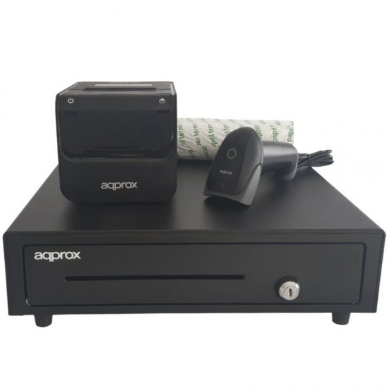 Pack para tpv approx apppospack4180-2d/ cajón portamonedas + impresora térmica de tickets + lector de códigos + rollos térmicos