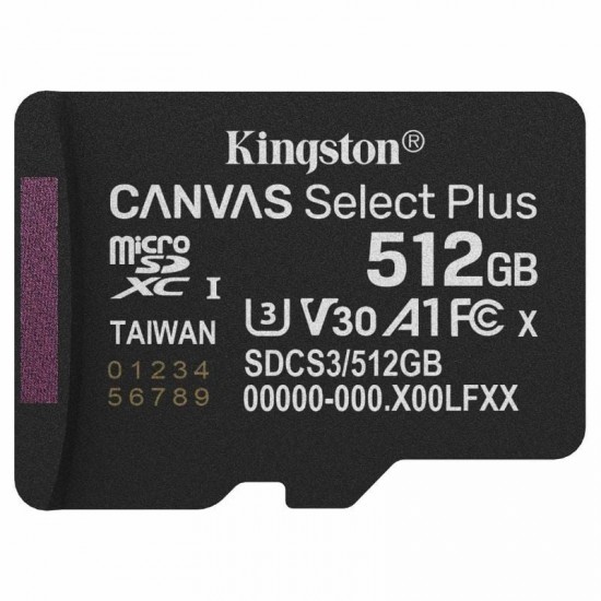 Tarjeta de memoria kingston canvas select plus 512gb microsd xc/ clase 10/ 150mbs