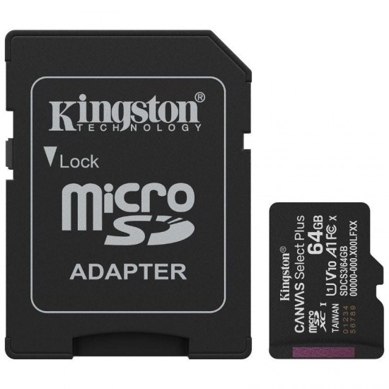 Tarjeta de memoria kingston canvas select plus 64gb microsd xc con adaptador/ clase 10/ 100mbs