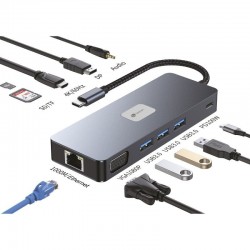 Docking USB Tipo-C Leotec LEDS03/ 3xUSB/ 1xUSB Tipo-C PD/ 1xHDMI 4K/ 1xDisplayPort/ 1xVGA/ 1xAudio/ 1xRJ45/ 1xLector Tarjetas SD y MicroSD/ Gris