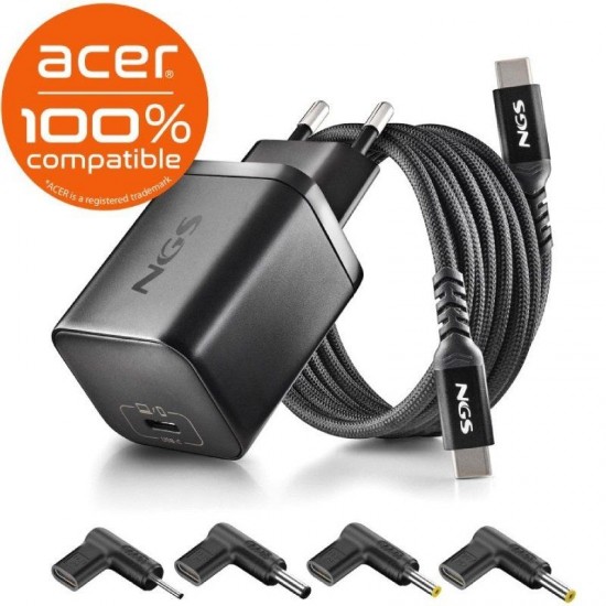 Cargador de portátil gan ngs bud65w-ac para acer/ 1xusb tipo-c/ 65w/ automático/ 4 conectores/ voltaje 5-20v
