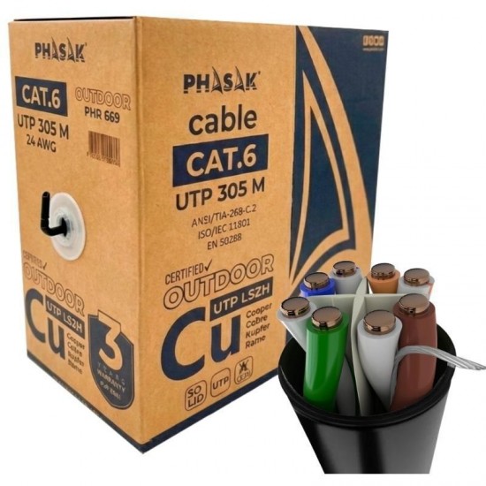 Bobina de cable rj45 utp phasak phr 669 cat.6/ 305m/ gris