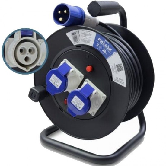 Regleta enrollable phasak bn 3475/ 2 enchufe industrial 2p+tt/ cable 25m/ negro y azul