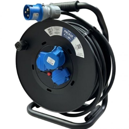 Regleta enrollable phasak bn 3478/ 2 tomas de corriente/ 1 enchufe industrial 2p+tt/ cable 40m/ negro y azul