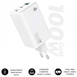 Cargador de Pared GaN Subblim 100W Charger USB C+C+A/ 2xUSB Tipo-C/ 1xUSB/ 100W
