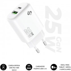 Cargador de Pared GaN Subblim 25W Charger USB C+A/ 1xUSB Tipo-C/ 1xUSB/ 25W