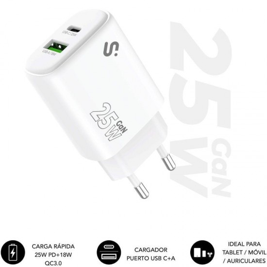 Cargador de pared gan subblim 25w charger usb c+a/ 1xusb tipo-c/ 1xusb/ 25w