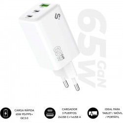 Cargador de Pared GaN Subblim 65W Charger USB C+C+A/ 2xUSB Tipo-C/ 1xUSB/ 65W Cargador de Pared GaN Subblim 65W Charger USB C+C+A/ 2xUSB Tipo-C/ 1xUSB/ 65W
