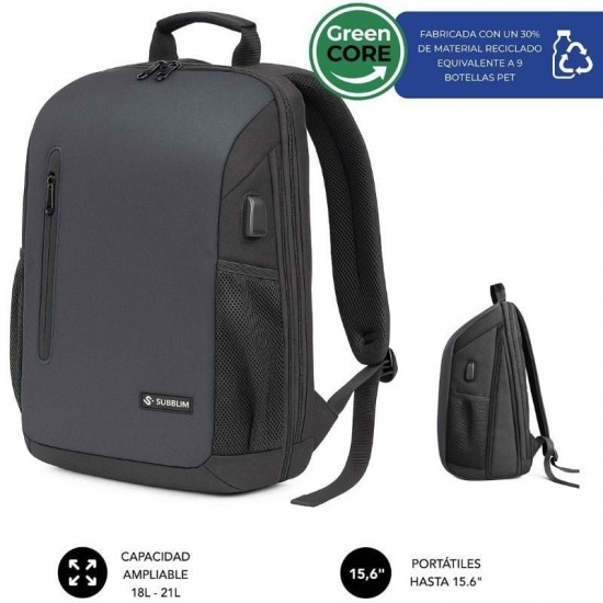 Mochila subblim xpand air padding backpack para portátiles hasta 15.6'/ puerto usb/ negro