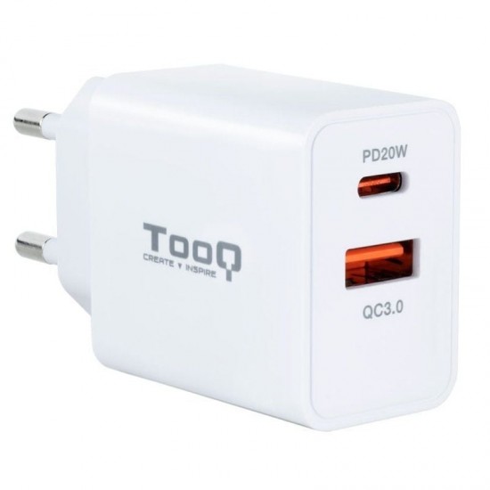Cargador de pared tooq tqwc-2sc04wt/ 1xusb tipo-c/ 1xusb/ 20w