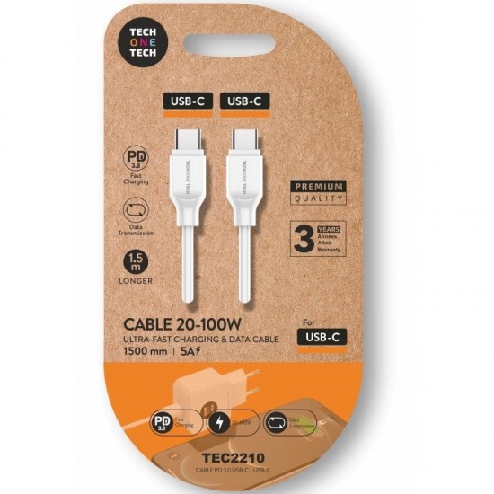 Cable usb 2.0 tipo-c tech one tech tec2210/ usb tipo-c macho - usb tipo-c macho/ hasta 100w/ 480mbps/ 1.5m/ blanco Cable usb 2.0 tipo-c tech one tech tec2210/ usb tipo-c macho - usb tipo-c macho/ hasta 100w/ 480mbps/ 1.5m/ blanco