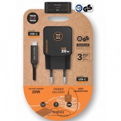 Cargador de Pared GaN Tech One Tech TEC2223/ 1xUSB Tipo-C + Cable USB Tipo-C/ 20W/ Negro