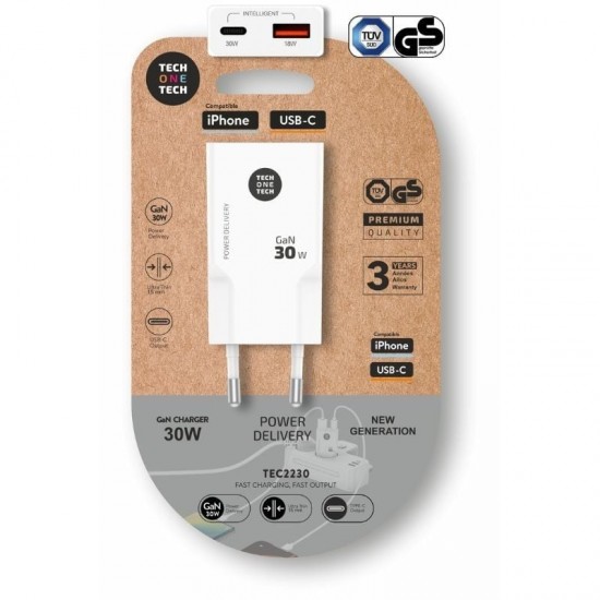 Cargador de pared gan tech one tech gan tec2230/ 1xusb tipo-c/ 1xusb/ 30w/ blanco
