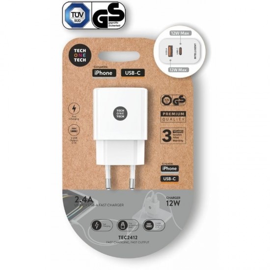 Cargador de pared tech one tech tec2412/ 1xusb tipo-c/ 1xusb/ 12w/ blanco Cargador de pared tech one tech tec2412/ 1xusb tipo-c/ 1xusb/ 12w/ blanco