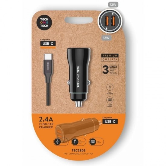 Cargador de coche tech one tech tec2803/ 2xusb + cable usb tipo-c/ 12w Cargador de coche tech one tech tec2803/ 2xusb + cable usb tipo-c/ 12w