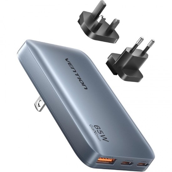 Cargador de pared universal gan para viaje vention fcbh0/ 2xusb tipo-c/ 1x usb/ 65w