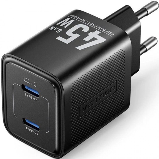 Cargador de pared gan vention fefb0-eu/ 2xusb tipo-c/ 45w