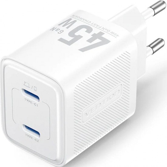 Cargador de pared gan vention fefw0-eu/ 2xusb tipo-c/ 45w